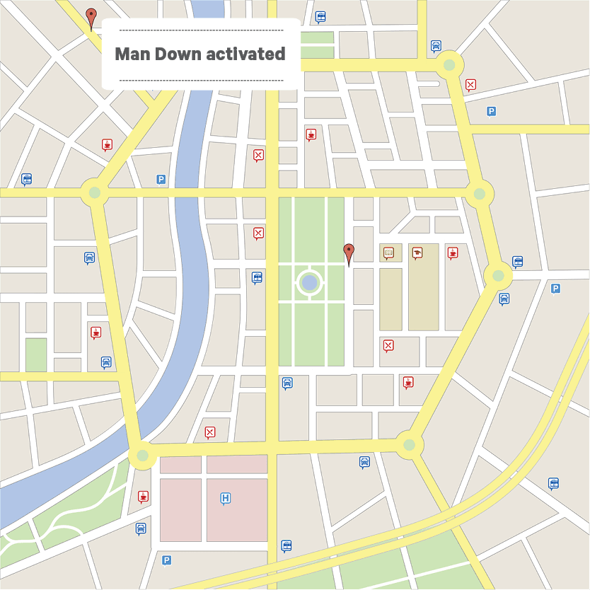 Map showing Man Down activated 