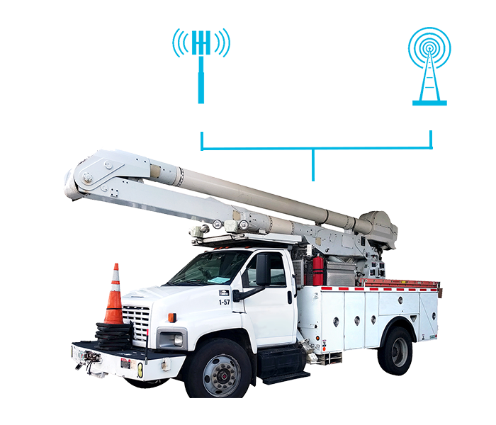 a utility truck with cellular and radio icons above it