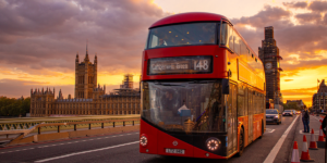 City-bound Bus in London, England over Sunset