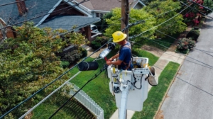 Utility worker atop a powerline on cherrypicker