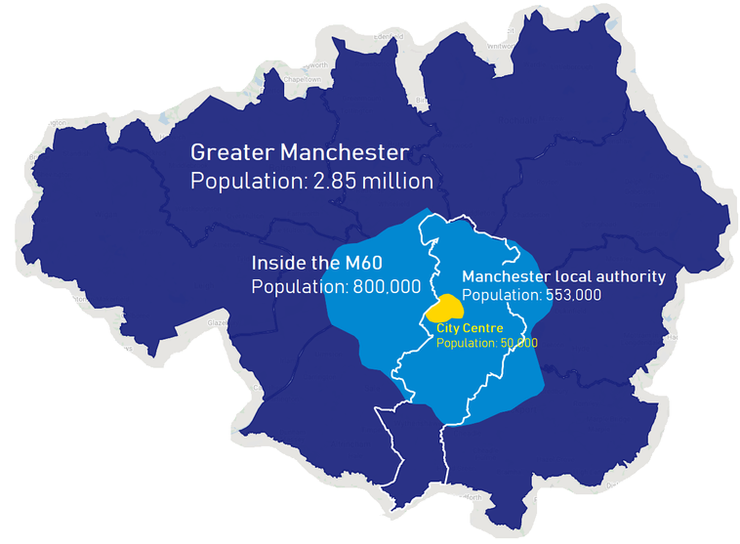 A infographic view of the size of the Greater Manchester Area, UK.