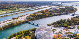 Aerial view of Montreal showing the Biosphere Environment Museum and Saint Lawrence River in fall season in Quebec, Canada.