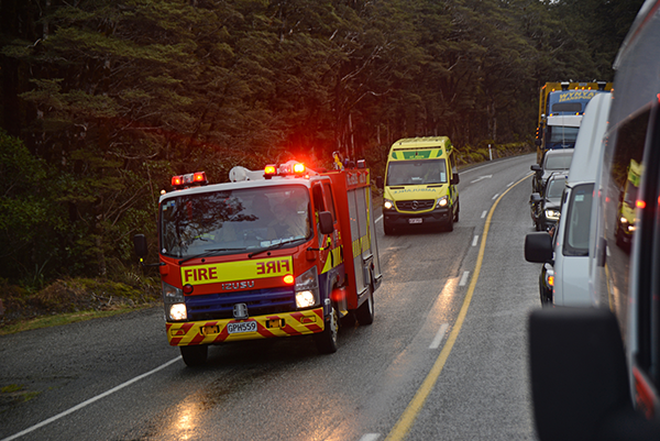 Fire and Ambulance Service responding to an emergency in Arthur's Pass, New Zealand